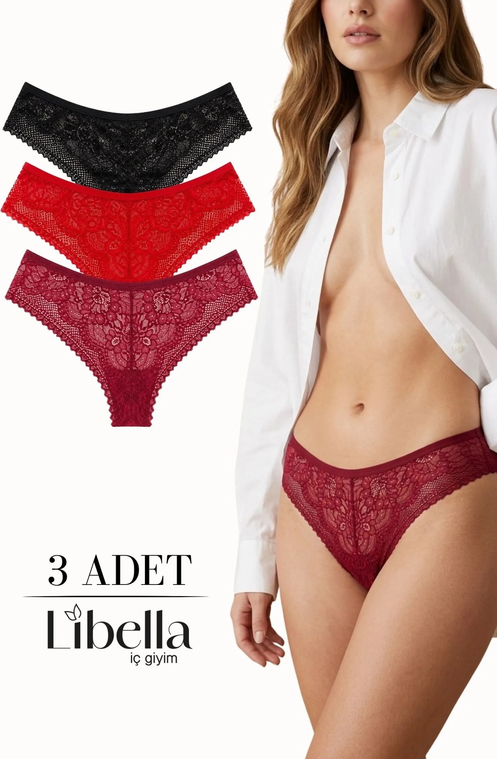 Libella İç Giyim Yeni Sezon Premium Tam Dantelli Brezilya Külot Nude Beyaz Pudra 3'lü Paket