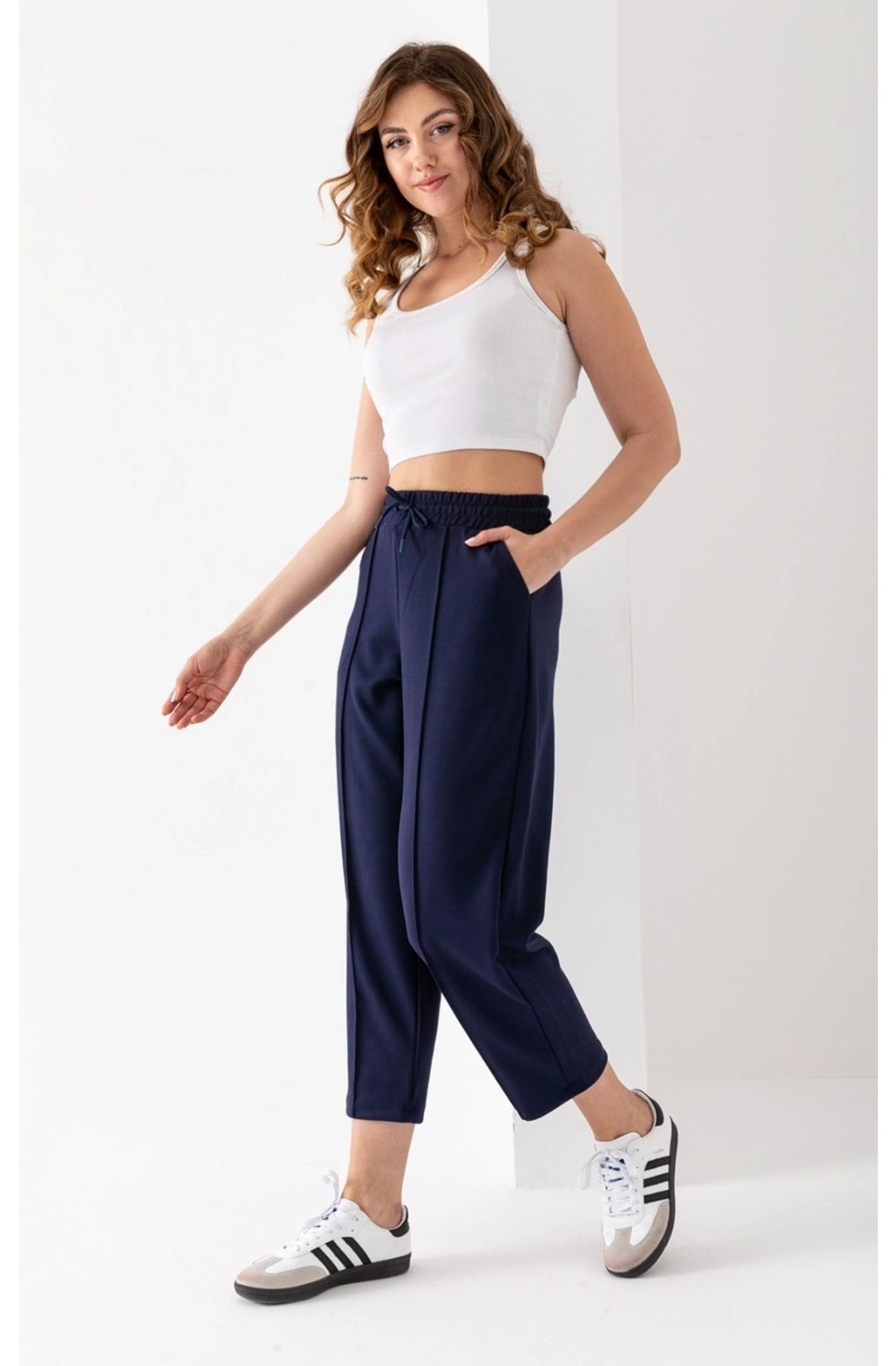 PHANTOM JEANS Kadın Füme Beli Lastikli Modal Kumaş Çımalı Bilek Pantolon Yumuşak Dokulu Şık Bağcıklı Pantolon görsel 6