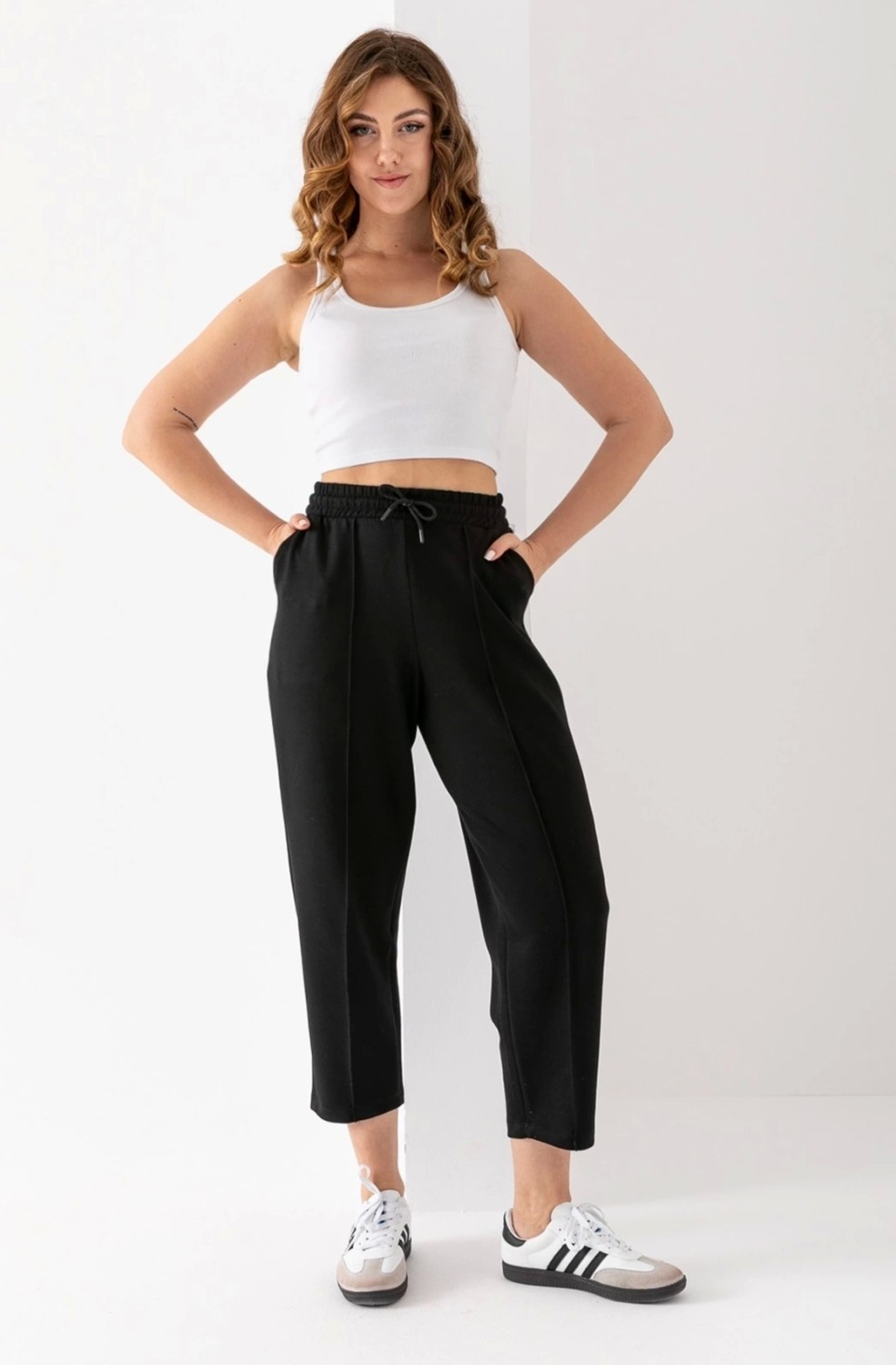 PHANTOM JEANS Kadın Füme Beli Lastikli Modal Kumaş Çımalı Bilek Pantolon Yumuşak Dokulu Şık Bağcıklı Pantolon