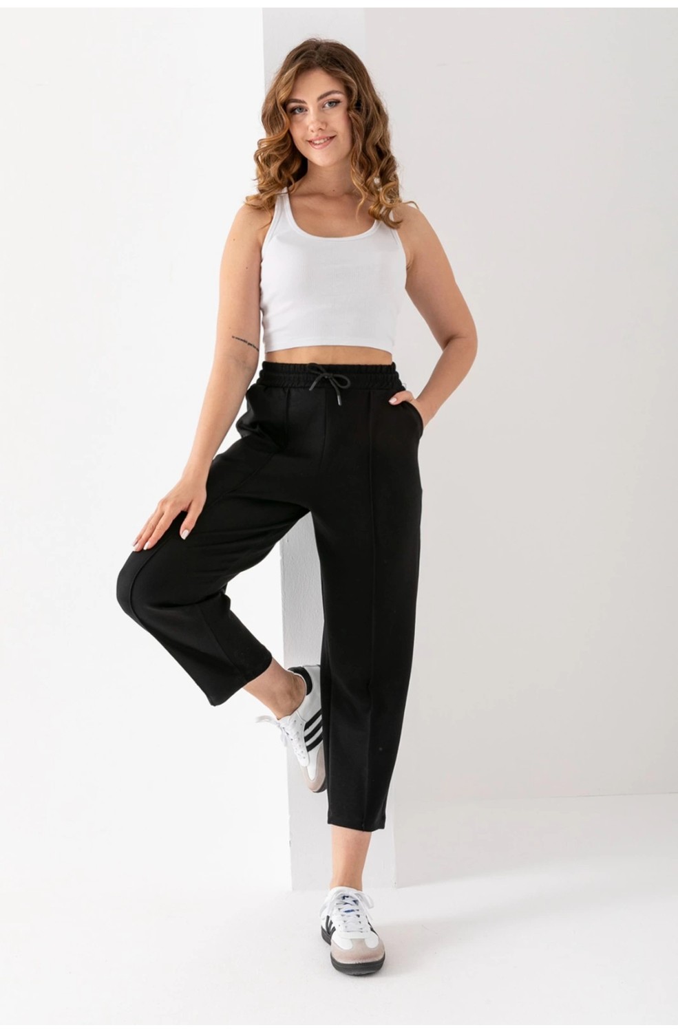 PHANTOM JEANS Kadın Füme Beli Lastikli Modal Kumaş Çımalı Bilek Pantolon Yumuşak Dokulu Şık Bağcıklı Pantolon görsel 2