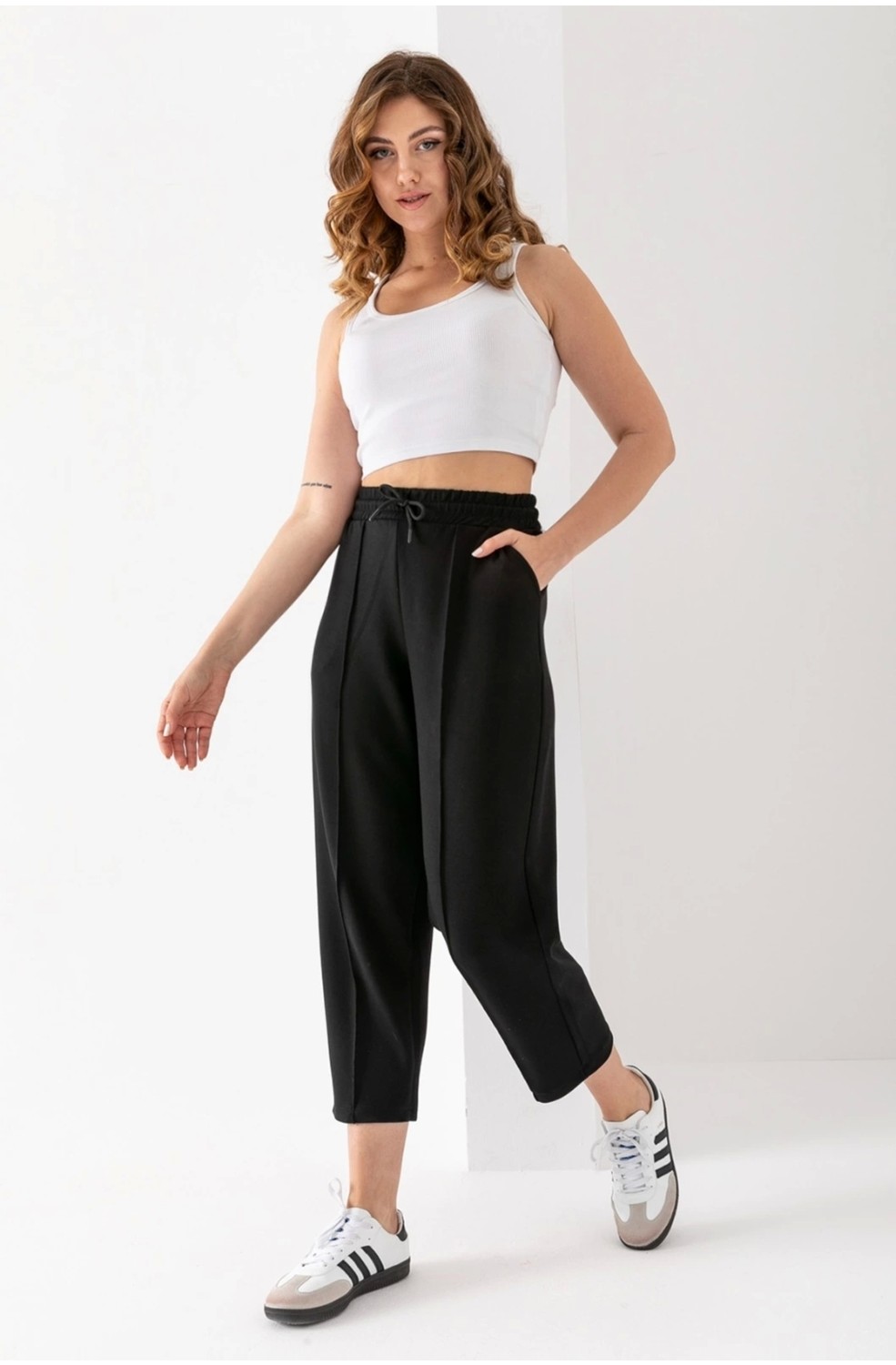 PHANTOM JEANS Kadın Füme Beli Lastikli Modal Kumaş Çımalı Bilek Pantolon Yumuşak Dokulu Şık Bağcıklı Pantolon görsel 4