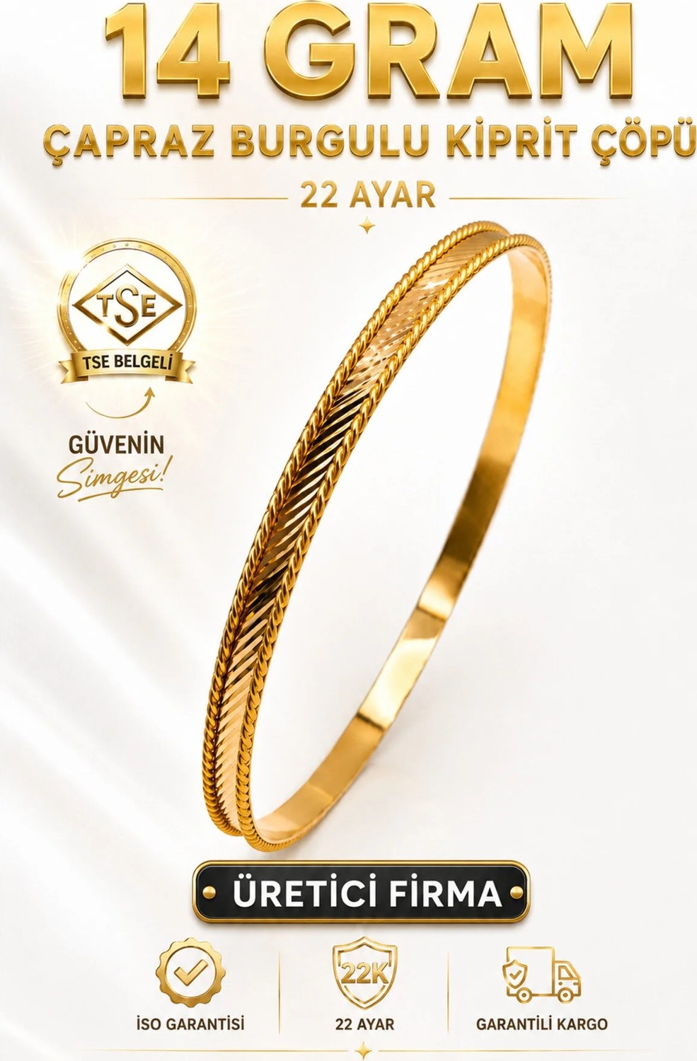 Aks Gold 22 Ayar Tse Belgeli (14 Gram) Çapraz Burgulu Kiprit Çöpü Ajda Altın Bilezik Gold Düğün Nişan