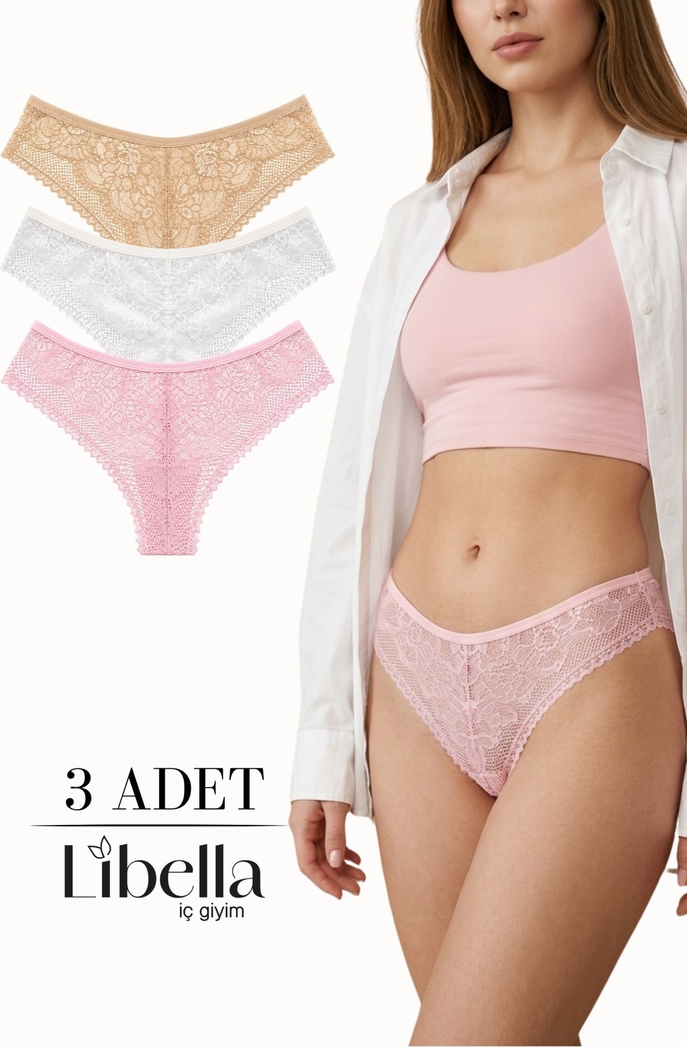 Libella İç Giyim Yeni Sezon Premium Tam Dantelli Brezilya Külot Nude Beyaz Pudra 3'lü Paket görsel 7