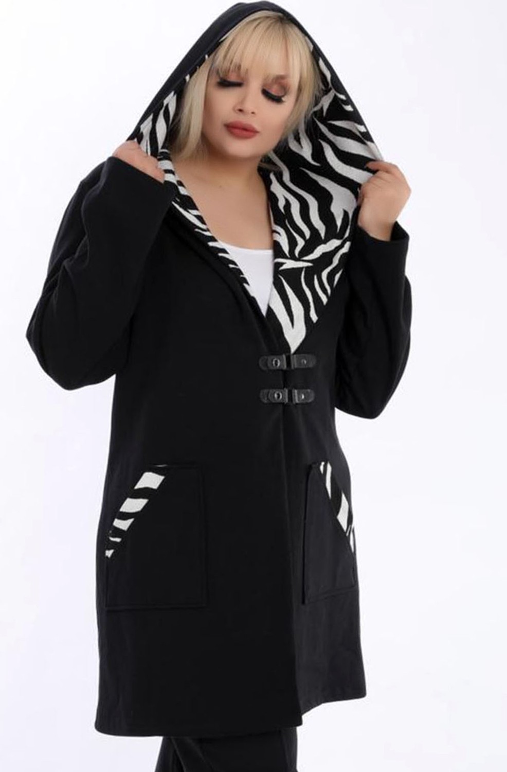 Kheos Kapüşonlu Cepli Zebra Desen Detaylı Uzun Kol Kadın Hırka %95 Pamuk Hava Alabilen Kumaş görsel 3