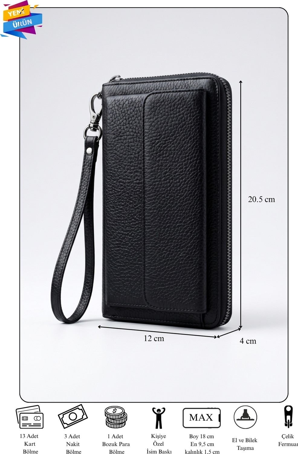 Vanilla Collection Kişiye Özel İsim Baskılı El Portföyü Cüzdan Telefon Bölmeli Fermuarlı Unisex görsel 6