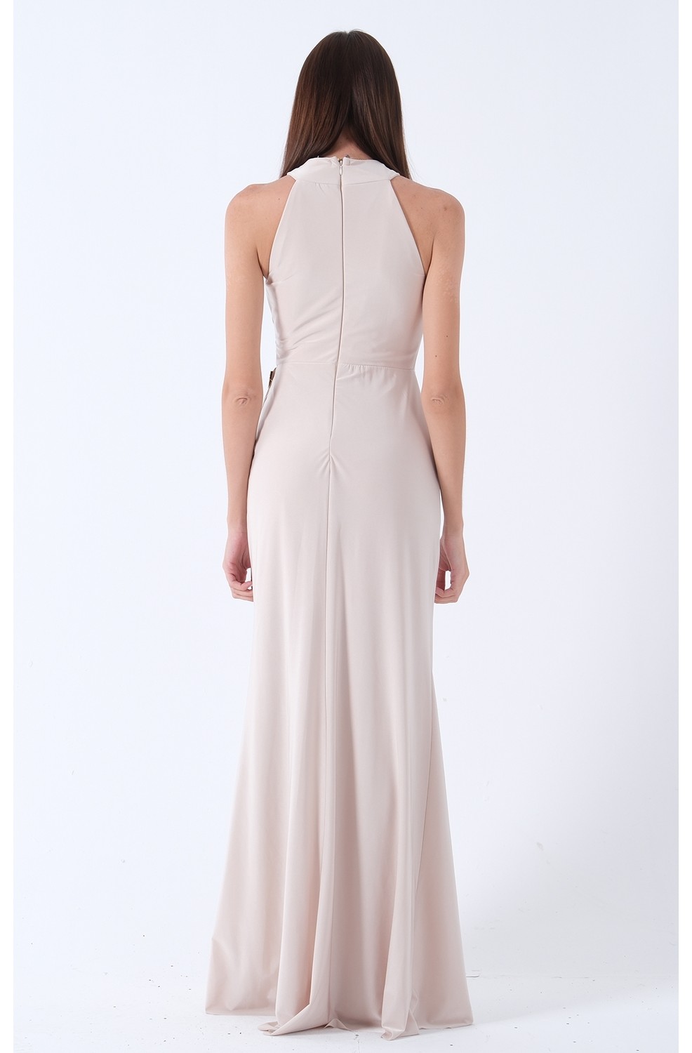 Feminist Lacivert Halter Yaka Drapeli Beli Gold Toka Detaylı Straplez Abiye 9705862 görsel 5
