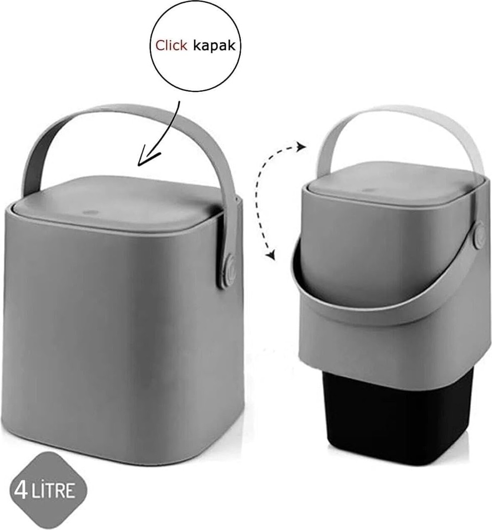 OEM Tutma Saplı Iç Kovalı Tezgah Üstü Mutfak Çöp Kovası, 4 Litre, Kilitli Kapak, Click Kapak, 20X20X22 cm (Gri, 4 Litre) görsel 3