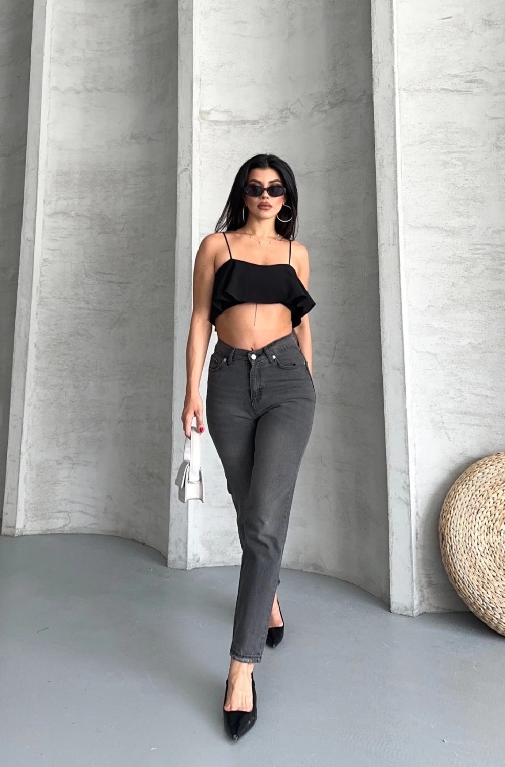 OEY Fashions Mom Fit Enzim Taş Yıkama Jeans Pantolon Füme D2006 görsel 7