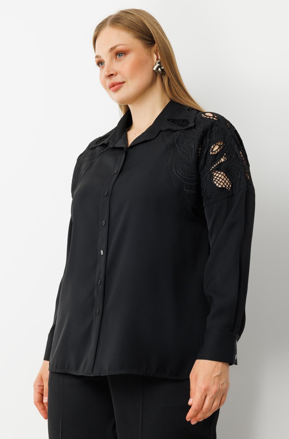 Moda İlgi Moda Ilgi Kadın Büyük Beden Nakış Detaylı Oversize Gömlek 0041 Siyah görsel 2
