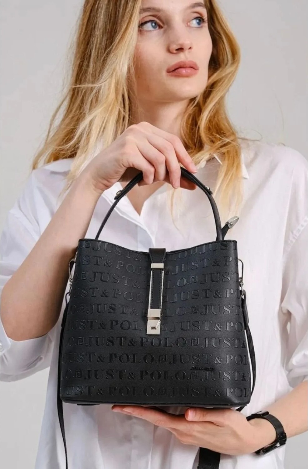 Just Polo Kadın Gofraj Baskılı Kilit Detaylı Vegan Omuz ve El Çantası görsel 7