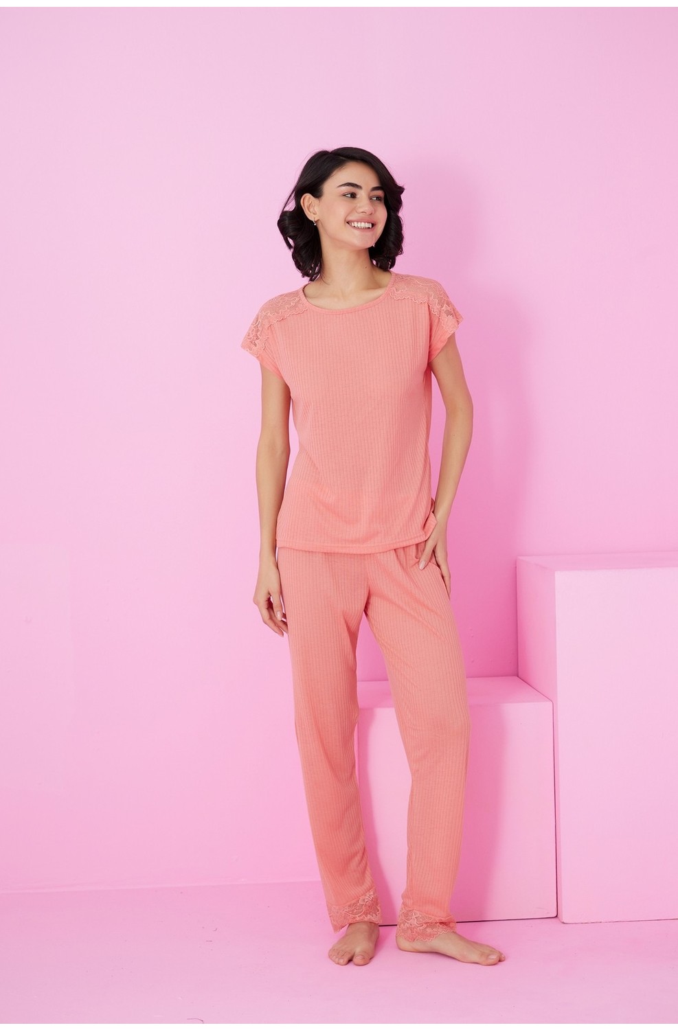 Siyah İnci Vişne Soft Touch Ince Mevsimlik Dantel Detaylı Örme Pijama TAKIM7864 görsel 5