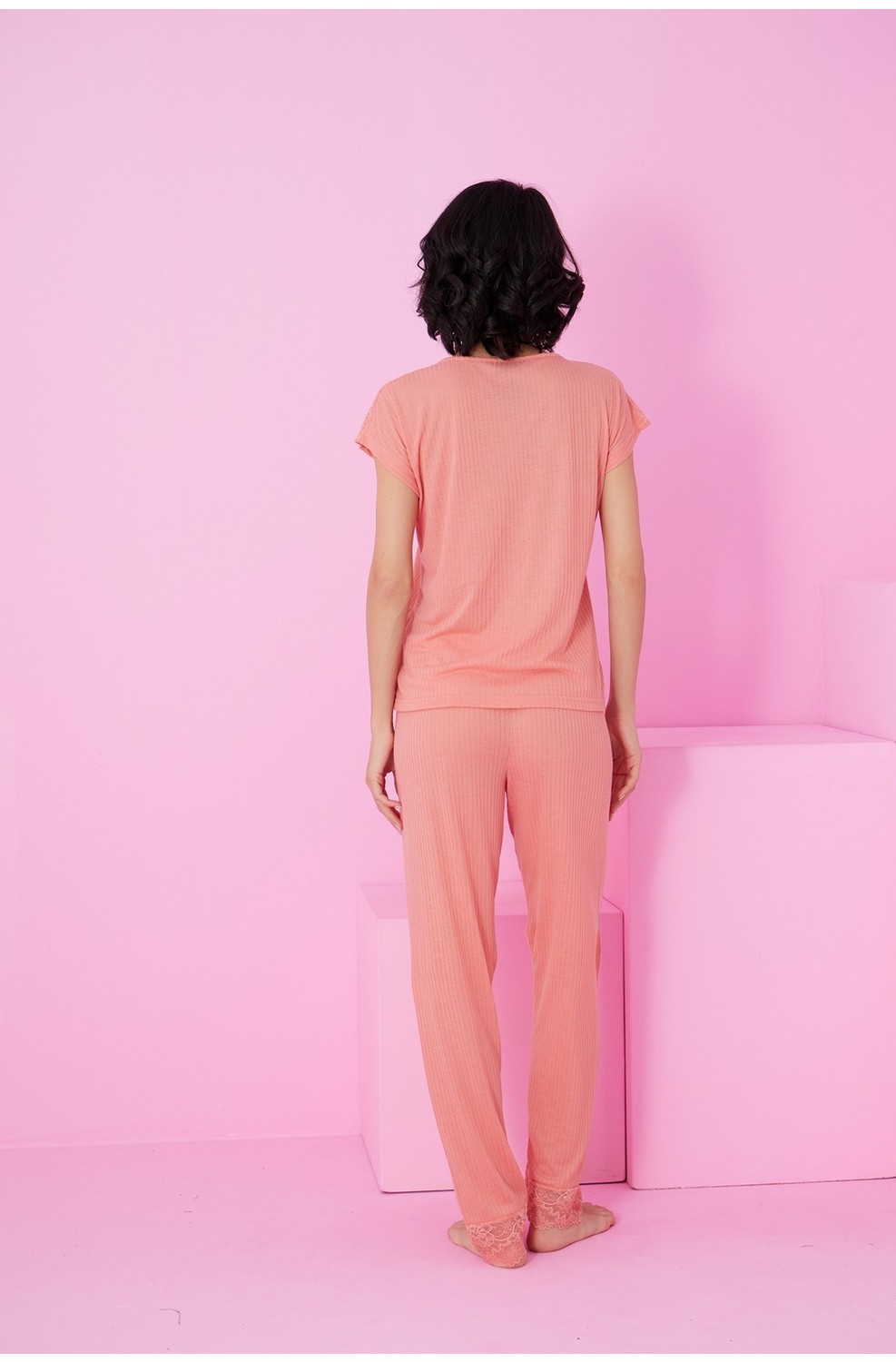 Siyah İnci Vişne Soft Touch Ince Mevsimlik Dantel Detaylı Örme Pijama TAKIM7864 görsel 6