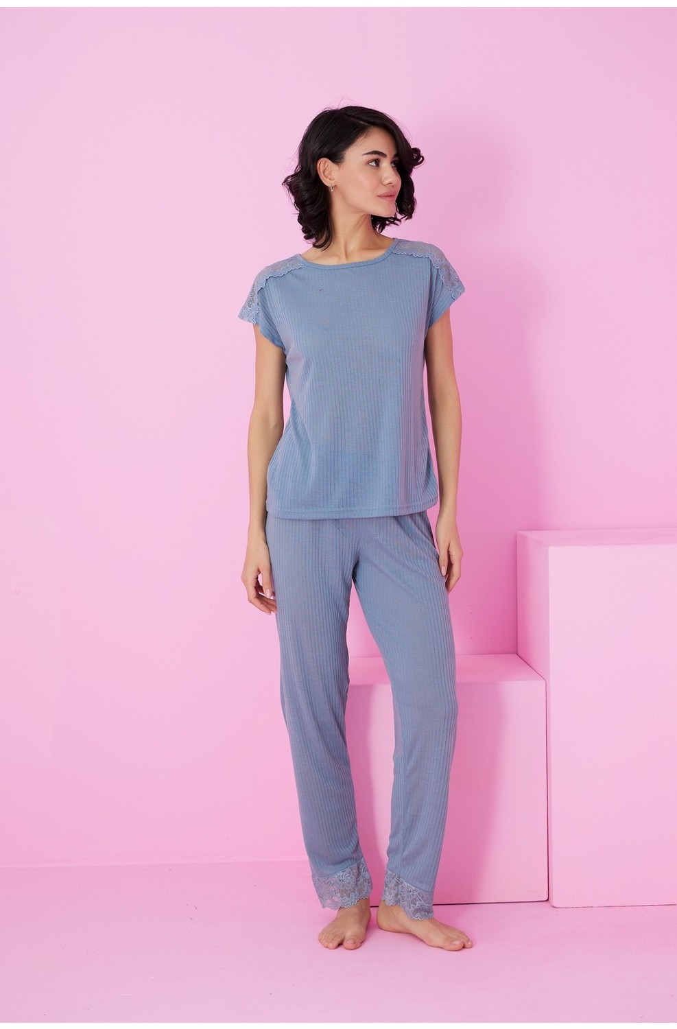 Siyah İnci Vişne Soft Touch Ince Mevsimlik Dantel Detaylı Örme Pijama TAKIM7864 görsel 8