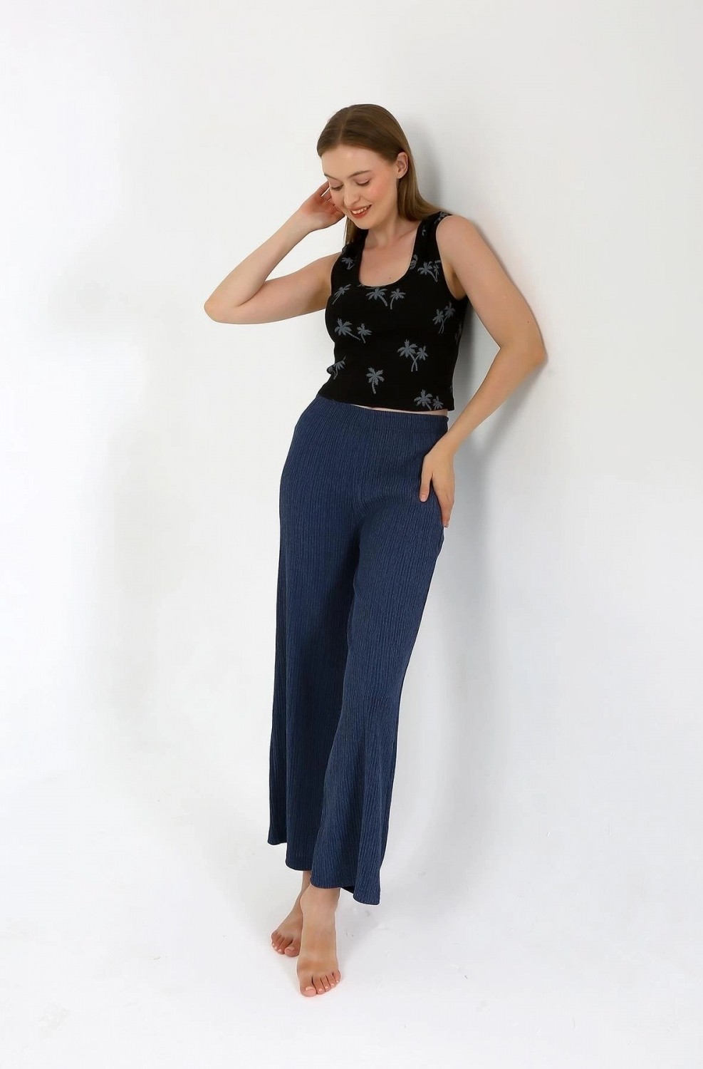 Hace Bazaar Marsilyan- Kadın Kalın Askılı Body Bol Paça Pantolon 2`li Takım Siyah