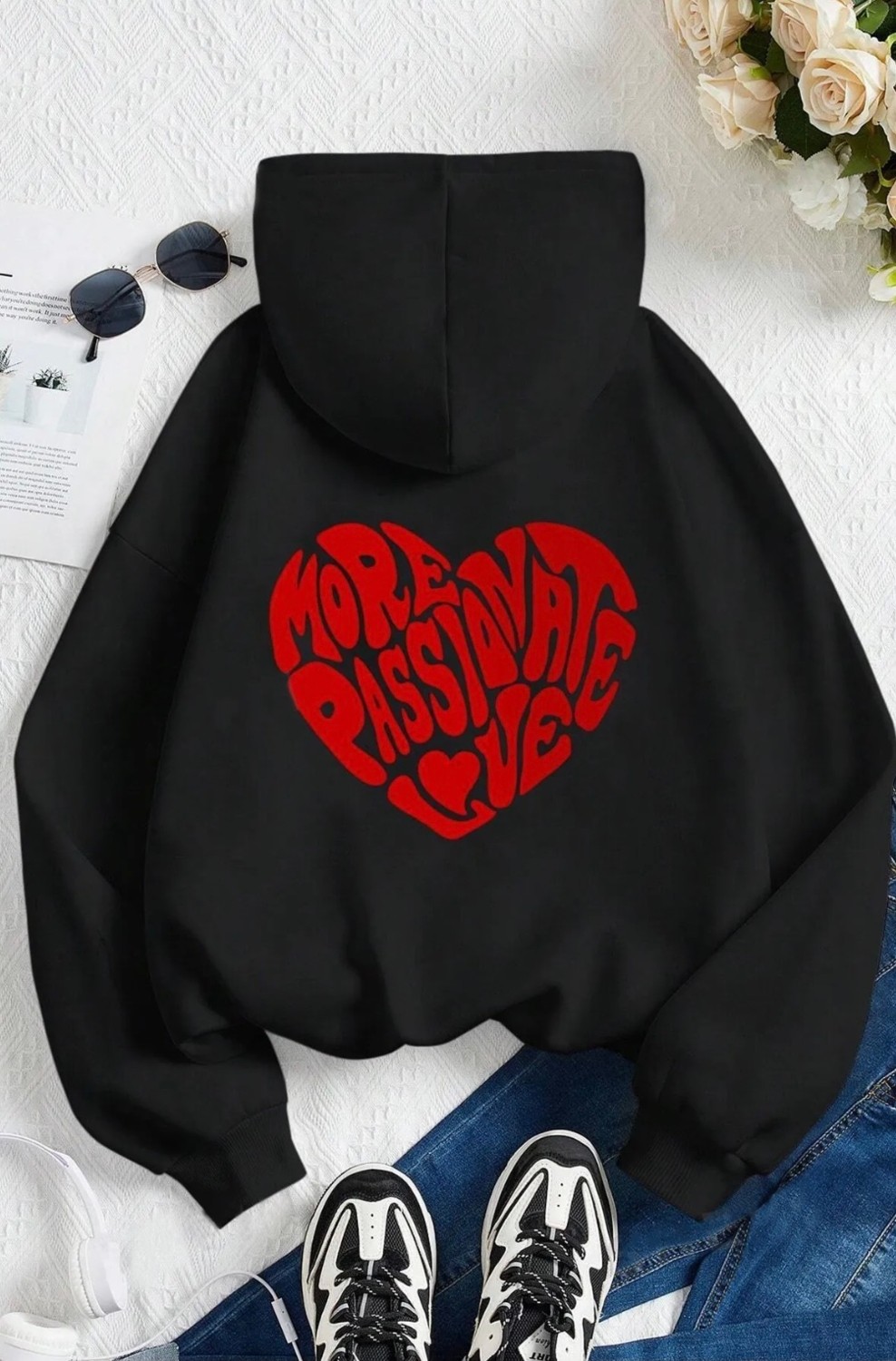 Amor Face Büyük Beden Özel Tasarım Kapüşonlu More Passıonate Love Kalp Sırt Baskılı Modern Kadın Sweatshırt görsel 2