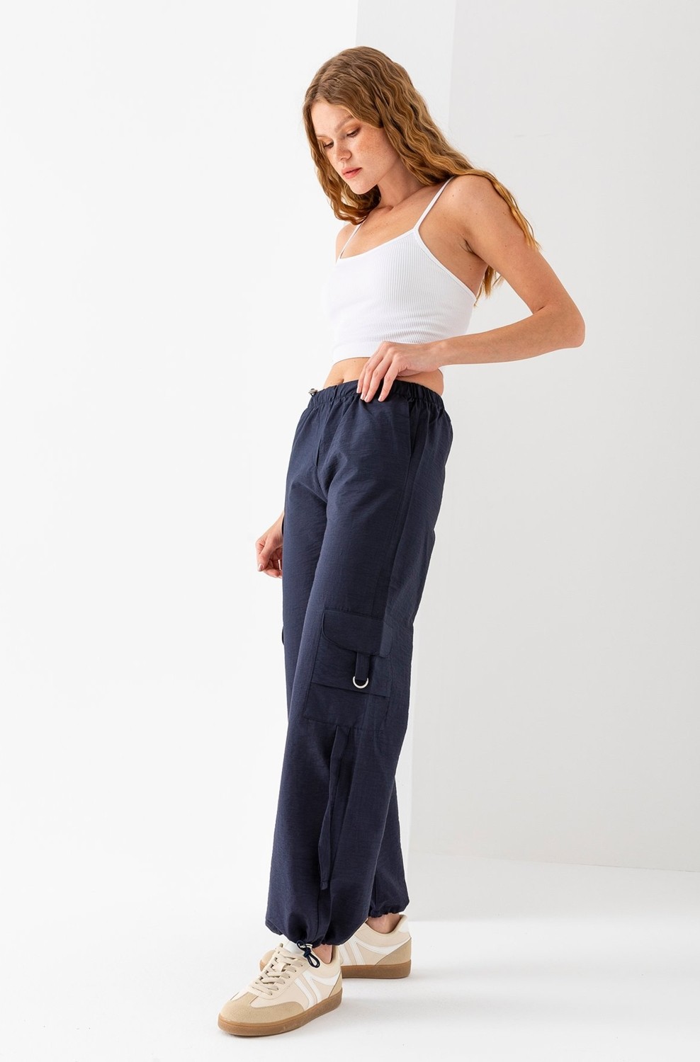 Giysa Kadın Beli ve Paçası Stoperli Kargo Cep Paraşüt Pantolon Lacivert - 25664 görsel 5