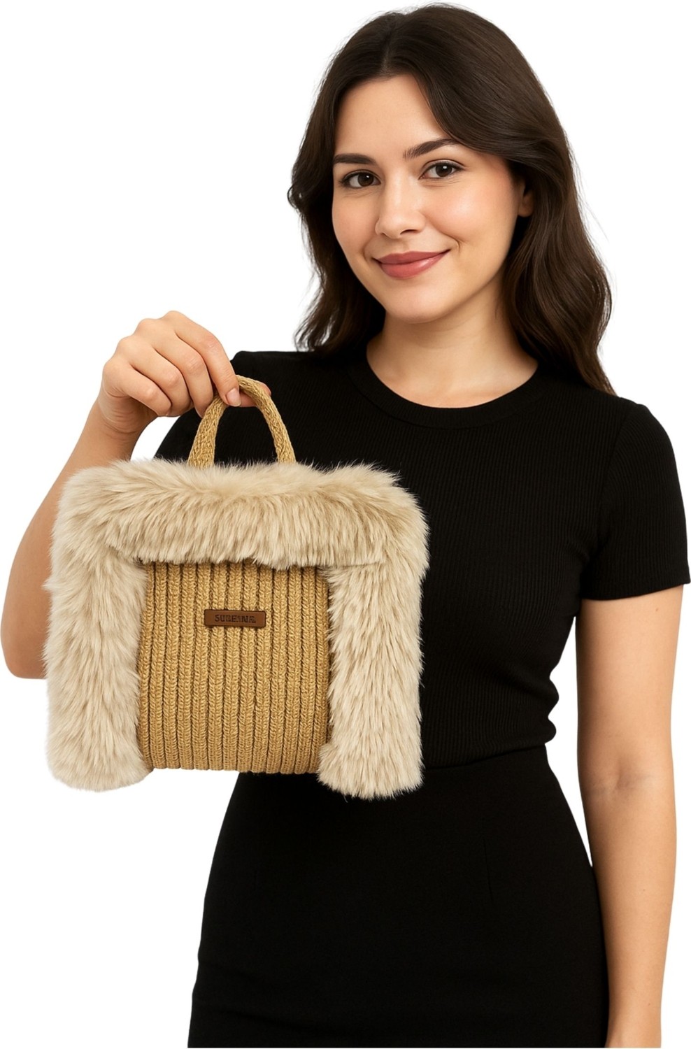 Uretti - Ayşe 4723 4953 El Yapımı Peluş Kürklü Model Tress Ip El Çantası / 22 cm x 23 cm