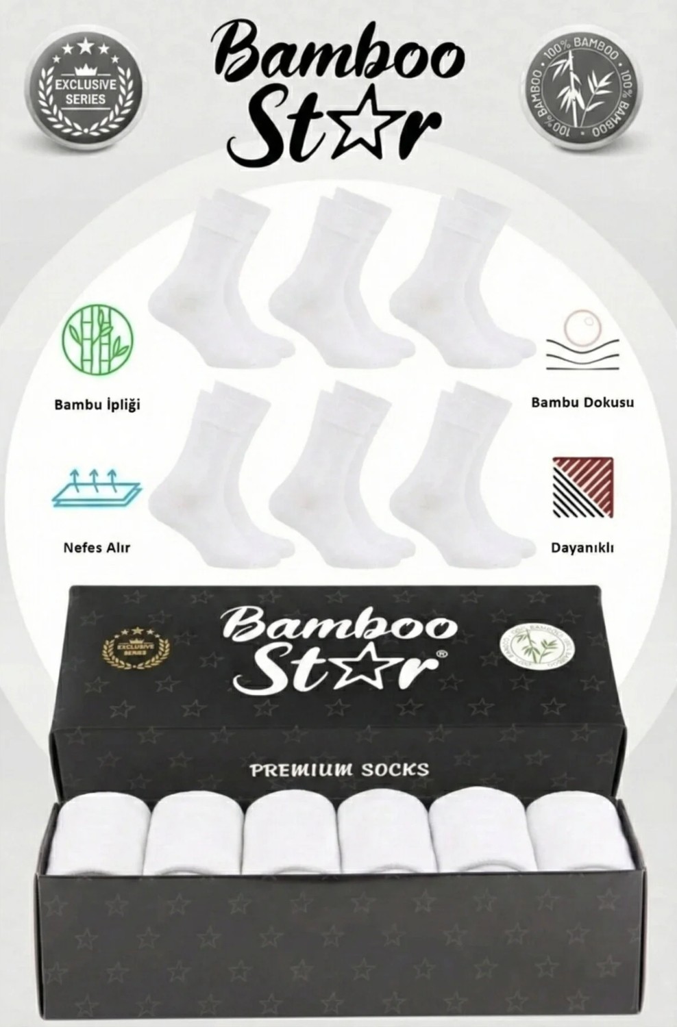 Bamboo Star Bambu Erkek Soket Uzun Düz Siyah Dikişsiz 6'lı Premium Kutulu Çorap