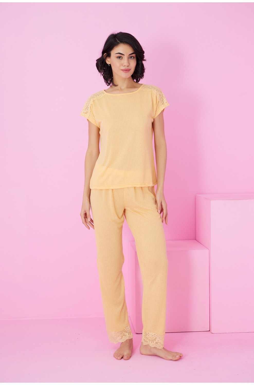 Siyah İnci Vişne Soft Touch Ince Mevsimlik Dantel Detaylı Örme Pijama TAKIM7864 görsel 2