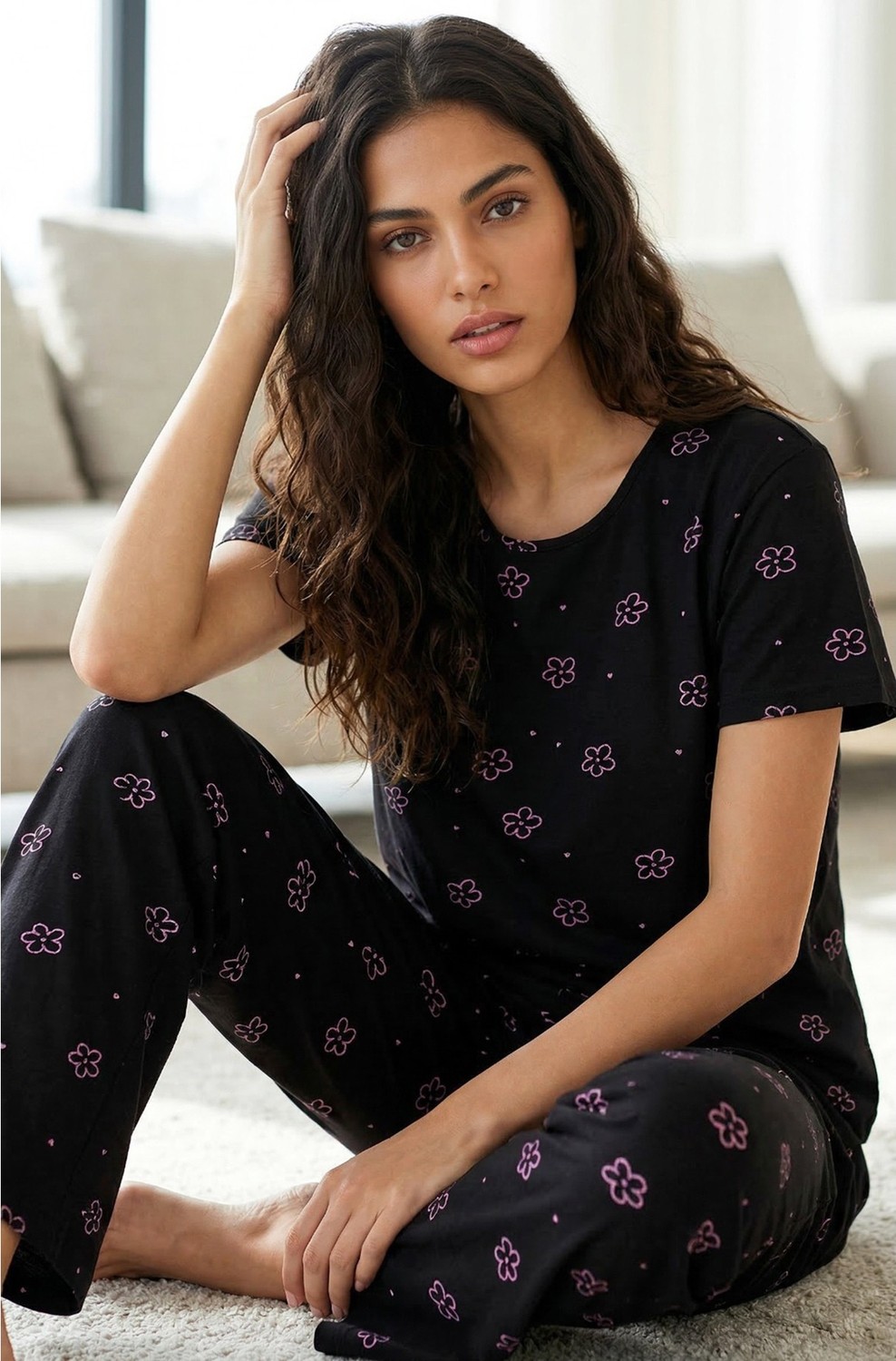 Siyah İnci Siyah Pembe Çiçek Baskılı Bisiklet Yaka Örme Pijama Takım