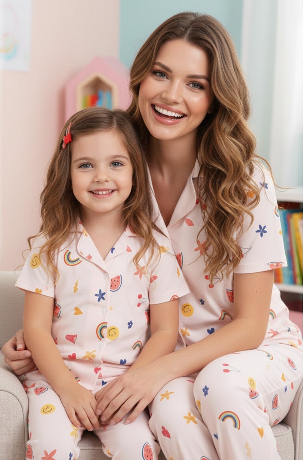 Siyah İnci Desenli Pamuklu Düğmeli Örme Pijama Takımı