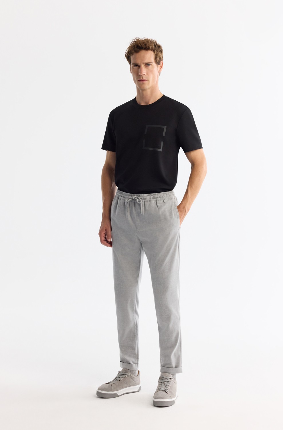 AVVA Erkek Siyah Beli Lastikli Bağcıklı Duble Paça Jogger Relaxed Fit Pantolon E003000 görsel 8