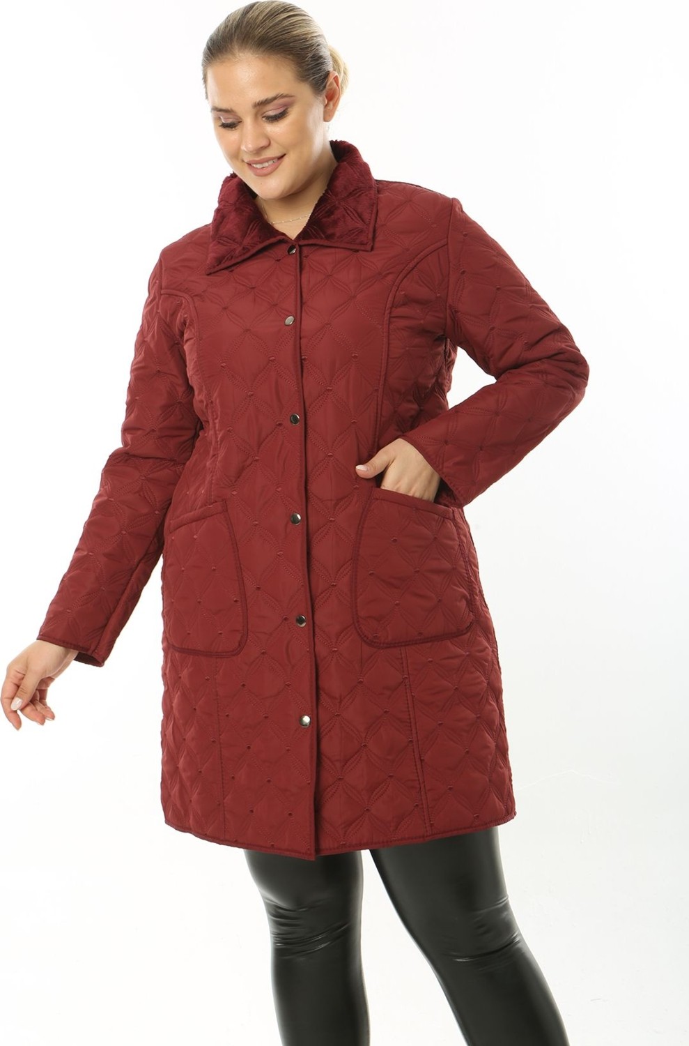 TUTveAL Collection Suya Dayanıklı,ithal Yumuşak Kürklü , Büyük Beden Kapitone Mont, Desenli ,bordo görsel 7