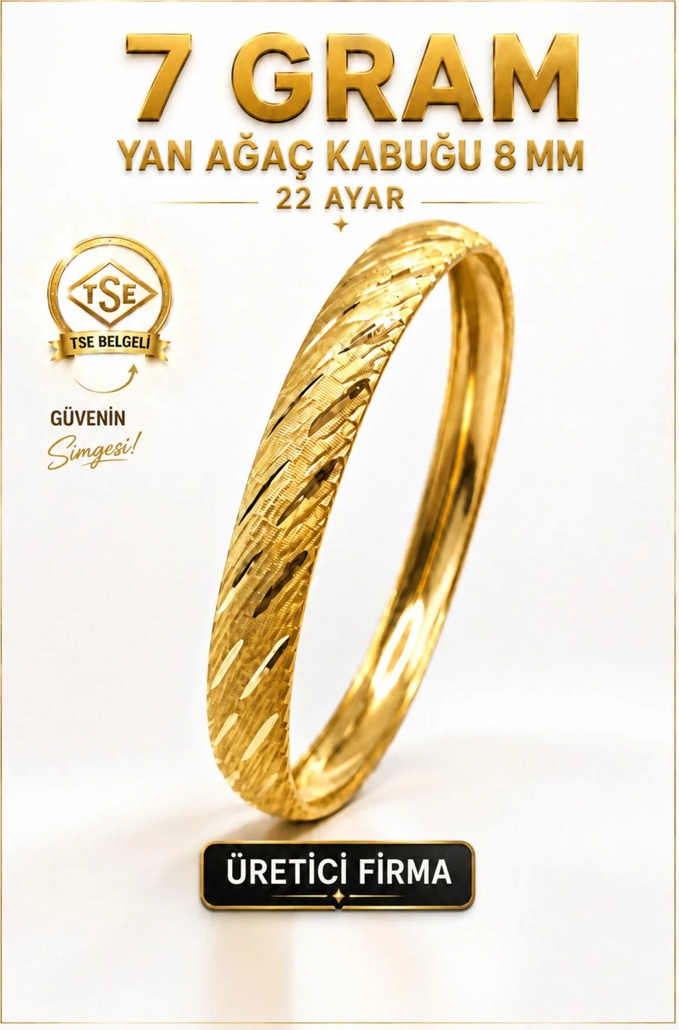 Aks Gold 22 Ayar 7 Gram Yan Ağaç Kabuğu Ajda Bilezik 8 mm Gold Altın Bilezik Düğün Nişan