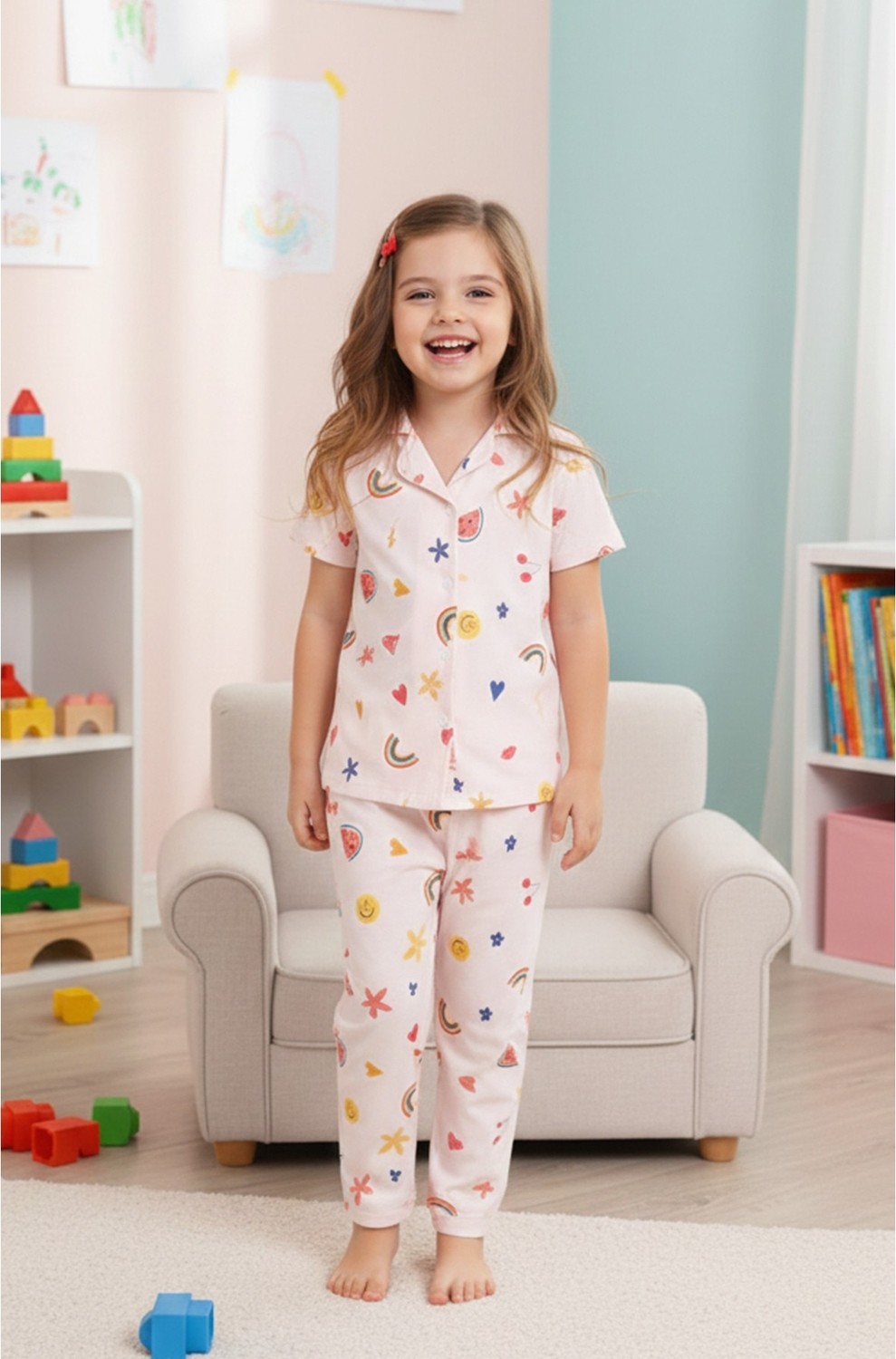 Siyah İnci Desenli Pamuklu Düğmeli Örme Pijama Takımı görsel 4