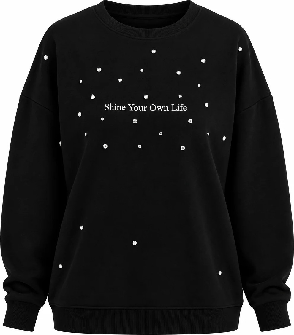 Zelish My Sister Siyah Shine Baskılı Taşlı Bisiklet Yaka Sweatshirt