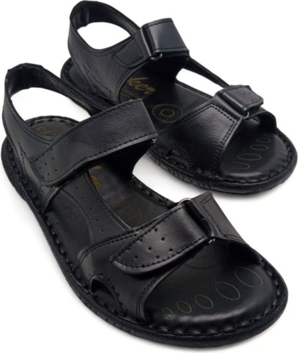 Magic Shoes Deri Ortopedik Erkek Sandalet Siyah Renk Yumuşak Tabanlı Rahat Kullanım görsel 2