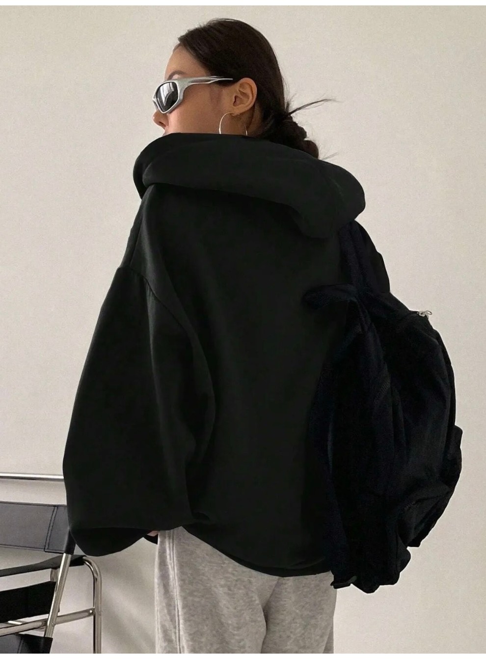 Amor Face Büyük Beden Özel Tasarım Kapüşonlu Tam Fermuarlı Düz Renk Süper Salaş Battal Kadın Ceket-Sweatshırt görsel 5