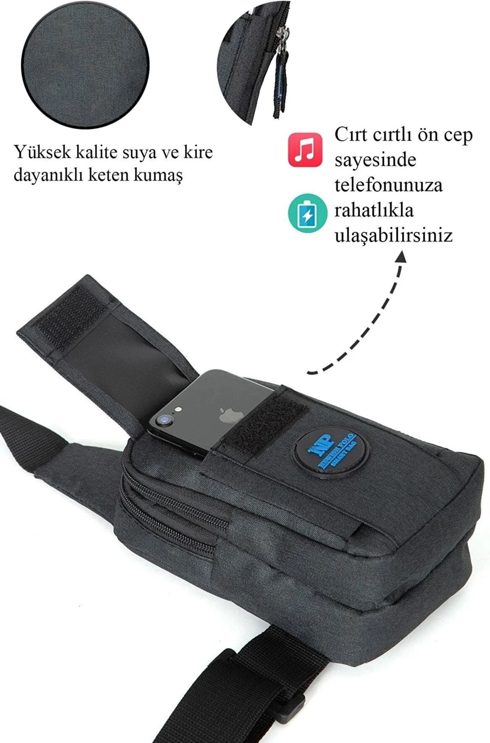 Tuldar Siyah Keten Kumaş Belgrat Telefon Bölmeli Çapraz Göğüs ve Omuz Çantası tul365 görsel 5
