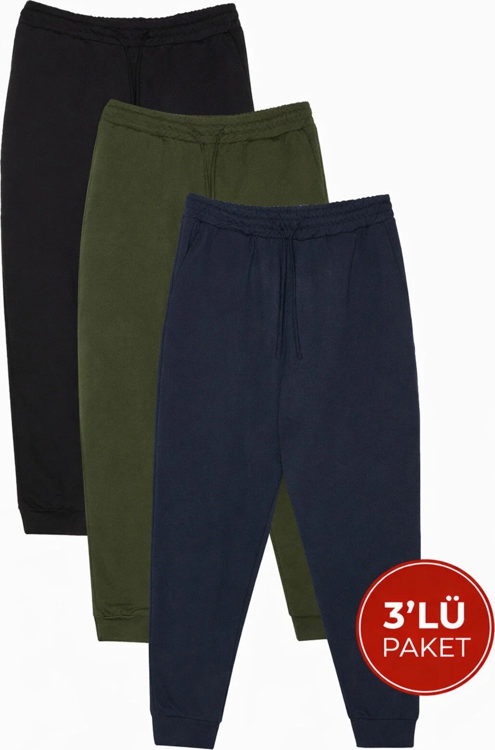 Tudors Erkek 3'lü Siyah-Lacivert-Haki Regular Fit Beli Bağcıklı Jogger Cepli Lastikli Paça Eşofman Altı
