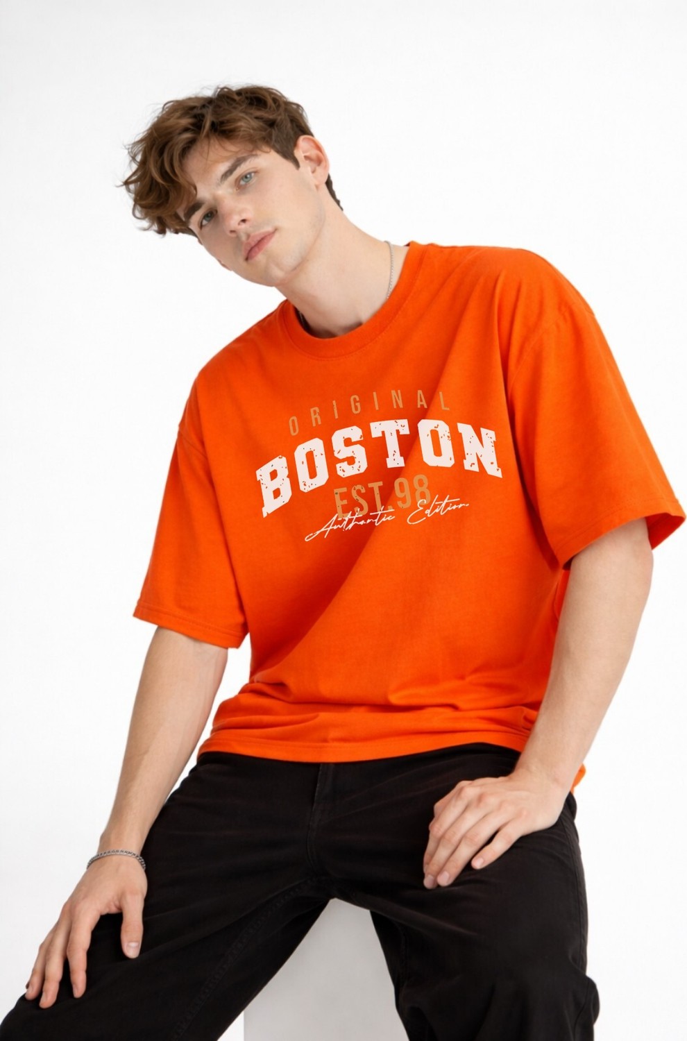 TeknoKapsül Boston - Baskılı Oversize Tişört Turuncu görsel 4