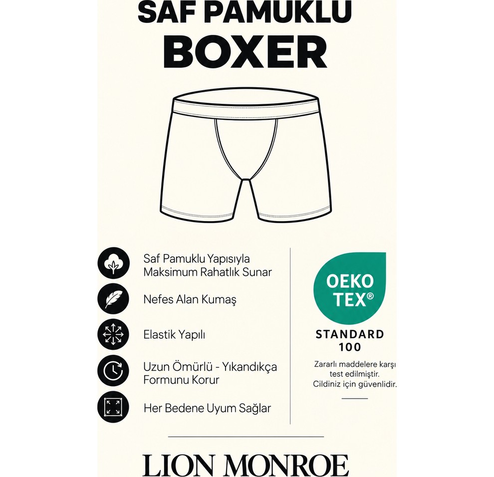 Lion Monroe Erkek Premium Saf Pamuklu Siyah 6'lı Esnek Boxer Paketi Hediye Kutulu - QUİTE BLACK görsel 2