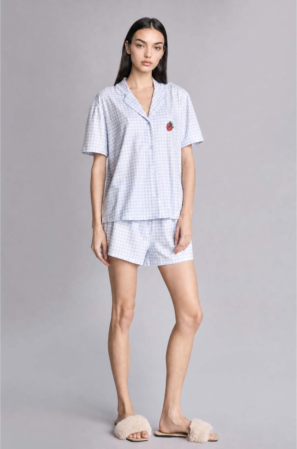 DeFacto Ultra Yumuşak Regular Fit Şortlu Kısa Kollu Kareli Softshell Pijama Takımı H6375AX26HS
