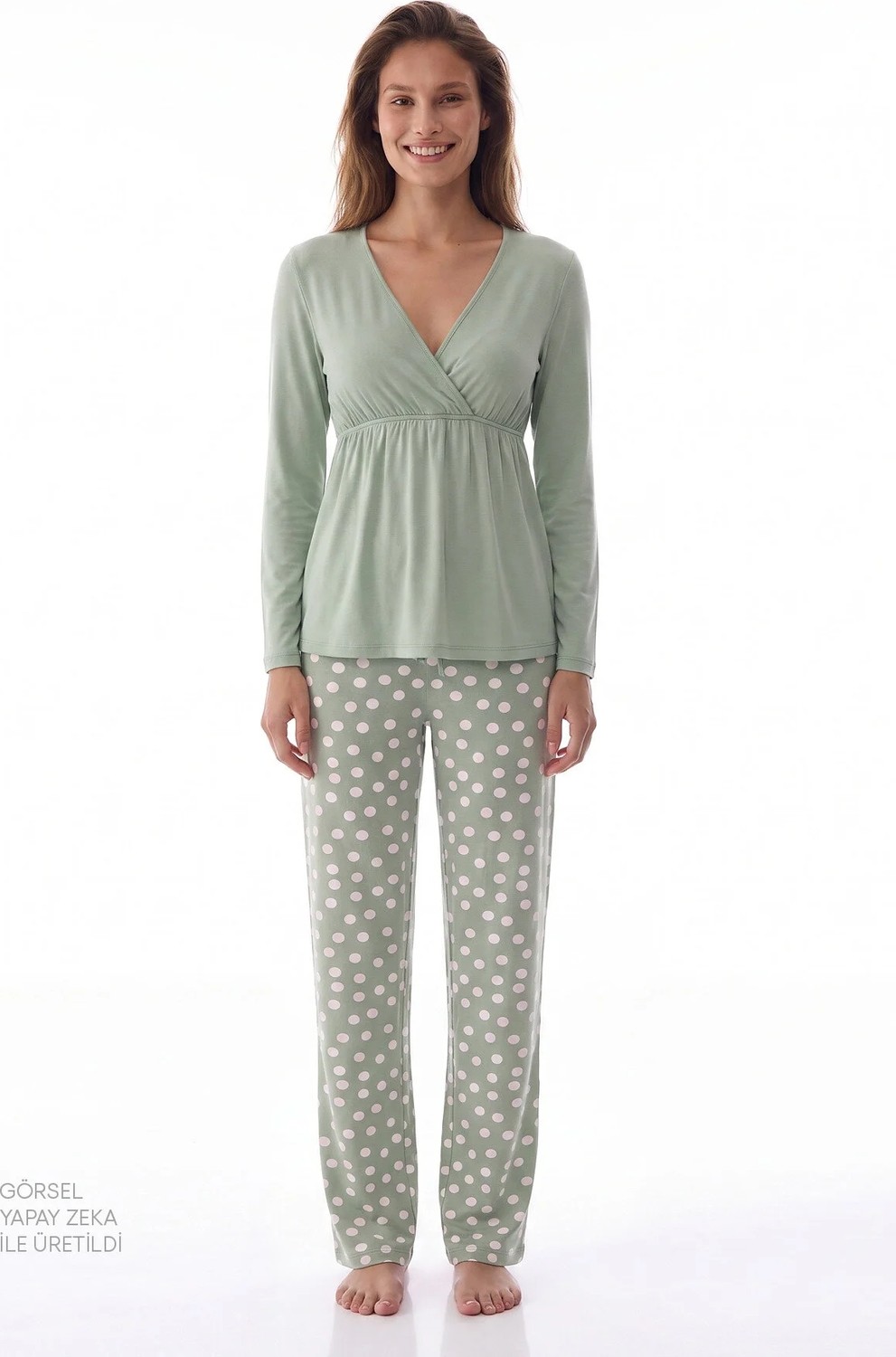 Penti Yeşil Mama Puantiye Desenli Uzun Kollu Pantolon Pijama Takımı
