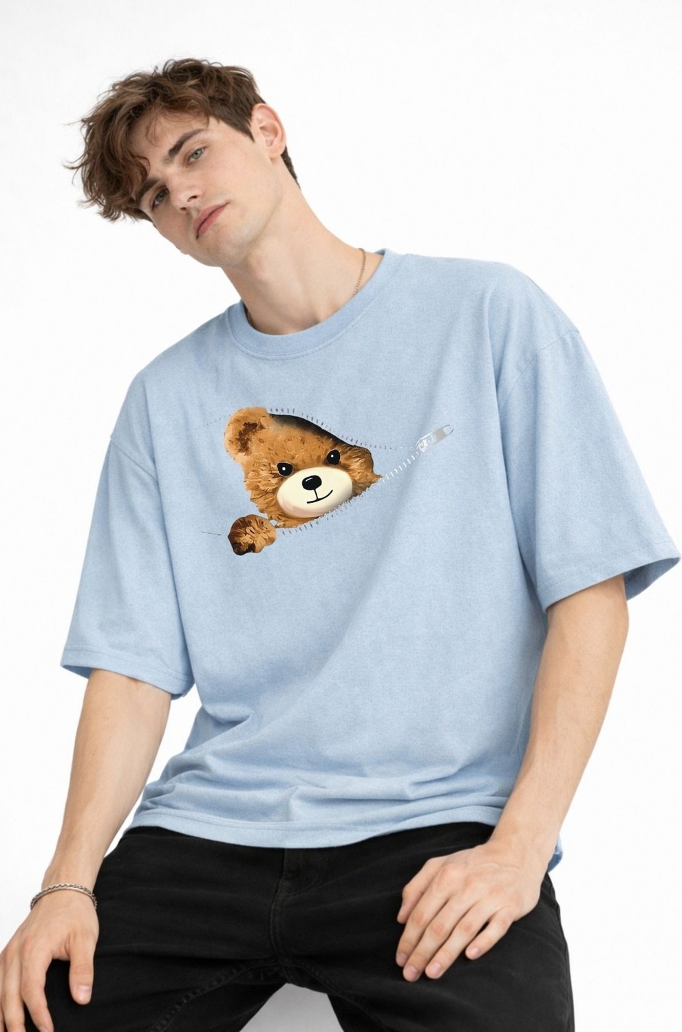 TeknoKapsül Mn - Bear Baskılı Oversize Tişört Açık Mavi
