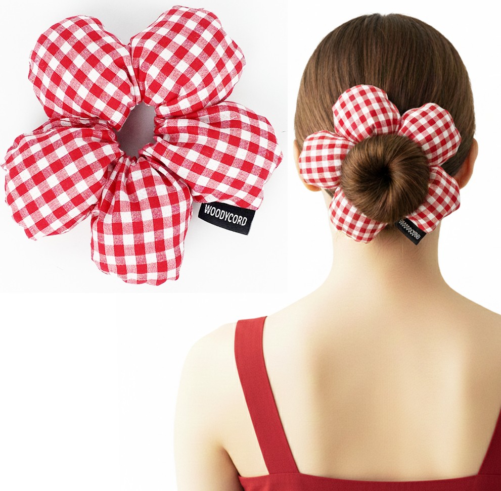 Woodycord El Yapımı Pötikare Desenli Scrunchies Toka - Kırmızı Beyaz