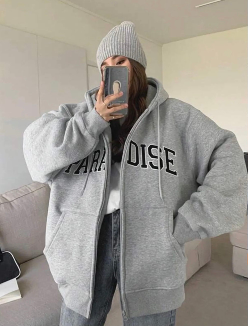 Punix Punıx Büyük Beden Oversıze Rahat Kalıp Paradıse Baskılı Fermuarlı Kışlık Kadın Sweatshırt görsel 2