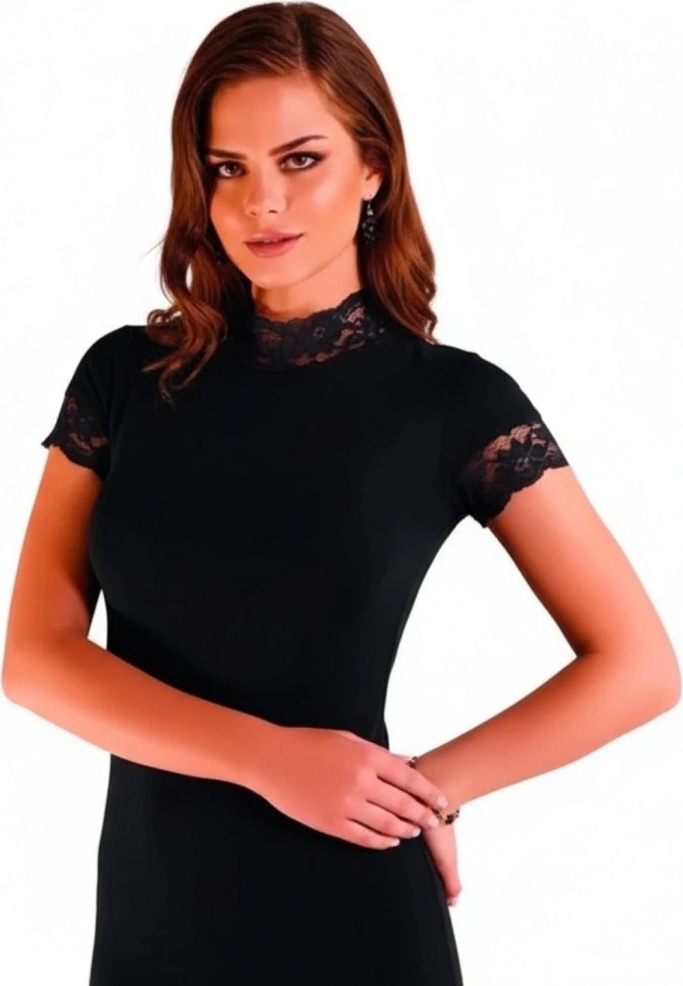 Pileli Store Berrak Kadın Dantelli Kısa Kollu Elastan Bluz 2144 görsel 2