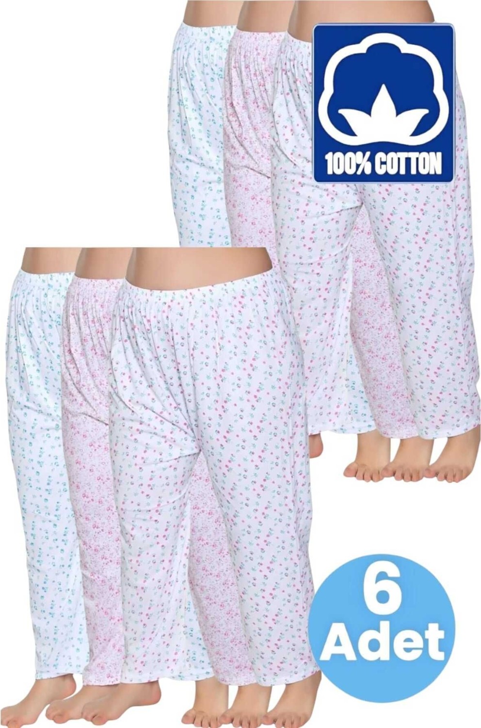 Uniquetrenders Kadın %100 Pamuklu Desenli Emprime Lastikli Uzun Pijama Düz Paçalı Don 6'lı Set