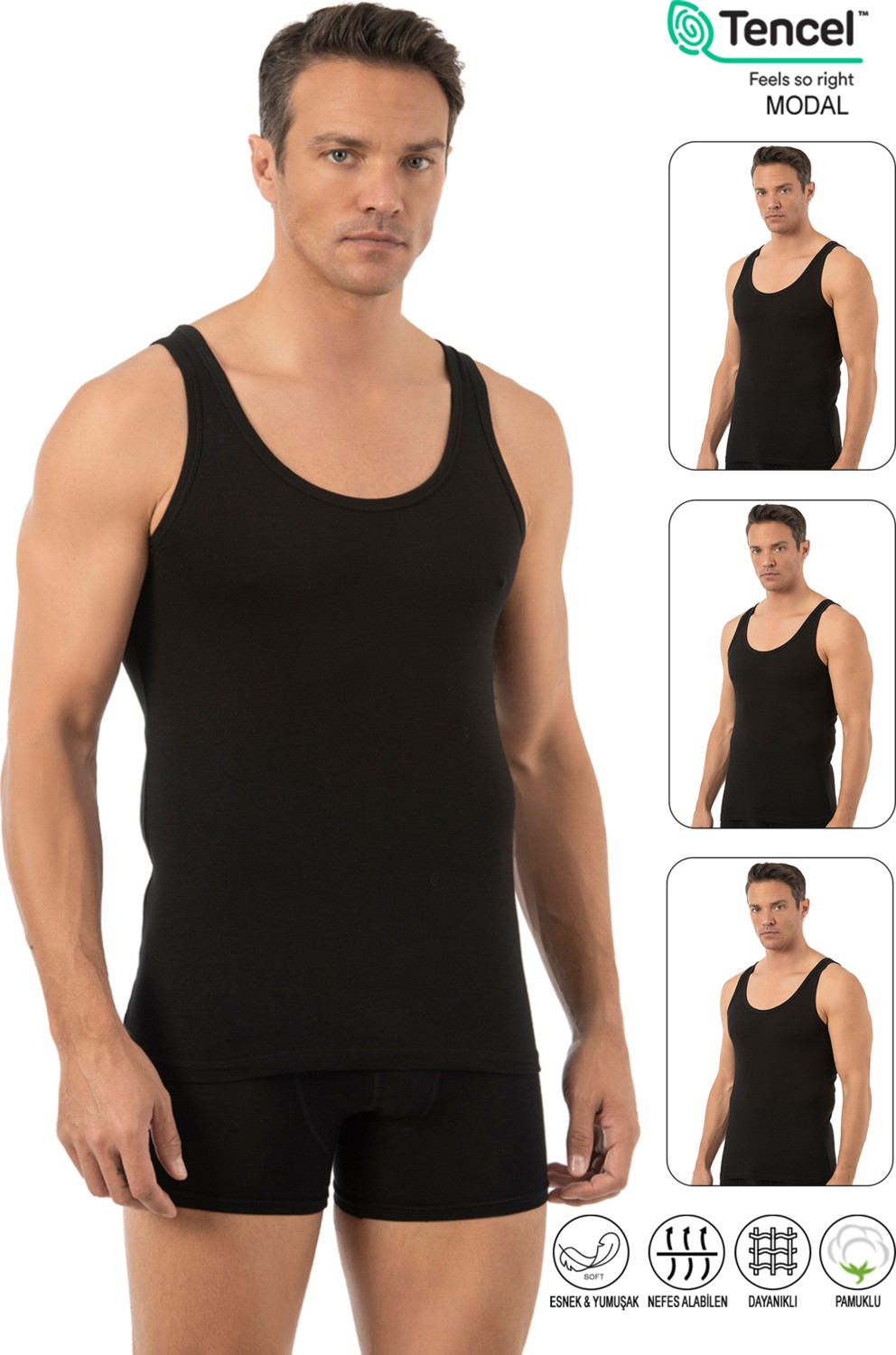 Özkan Underwear Özkan 10852 3'lü Paket Erkek Premium Esnek Kumaş Pamuklu Modal Kalın Askılı Atlet
