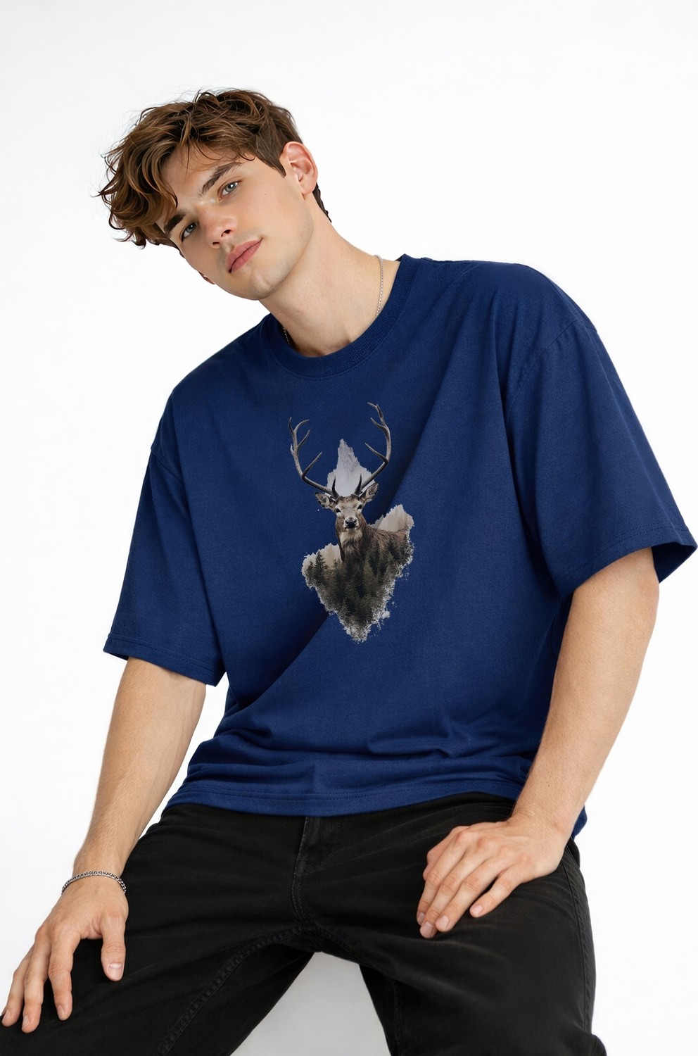 TeknoKapsül Deer - Oversize Erkek Tişört Koyu Mavi görsel 2