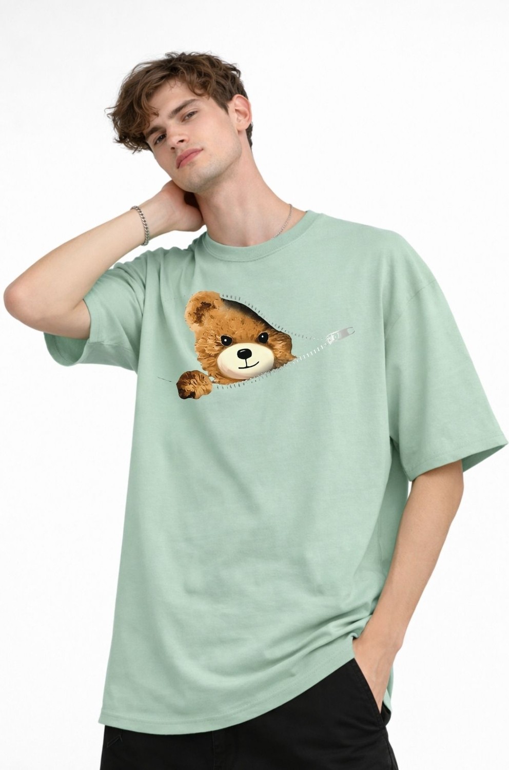 TeknoKapsül Mn - Bear Baskılı Oversize Tişört Su Yesılı