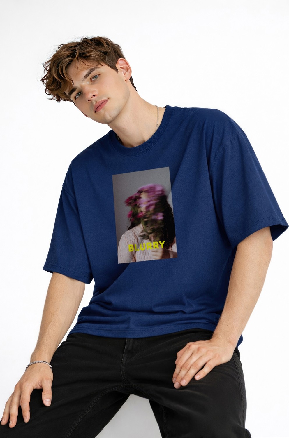 TeknoKapsül Blurry - Oversize Erkek Tişört Koyu Mavi