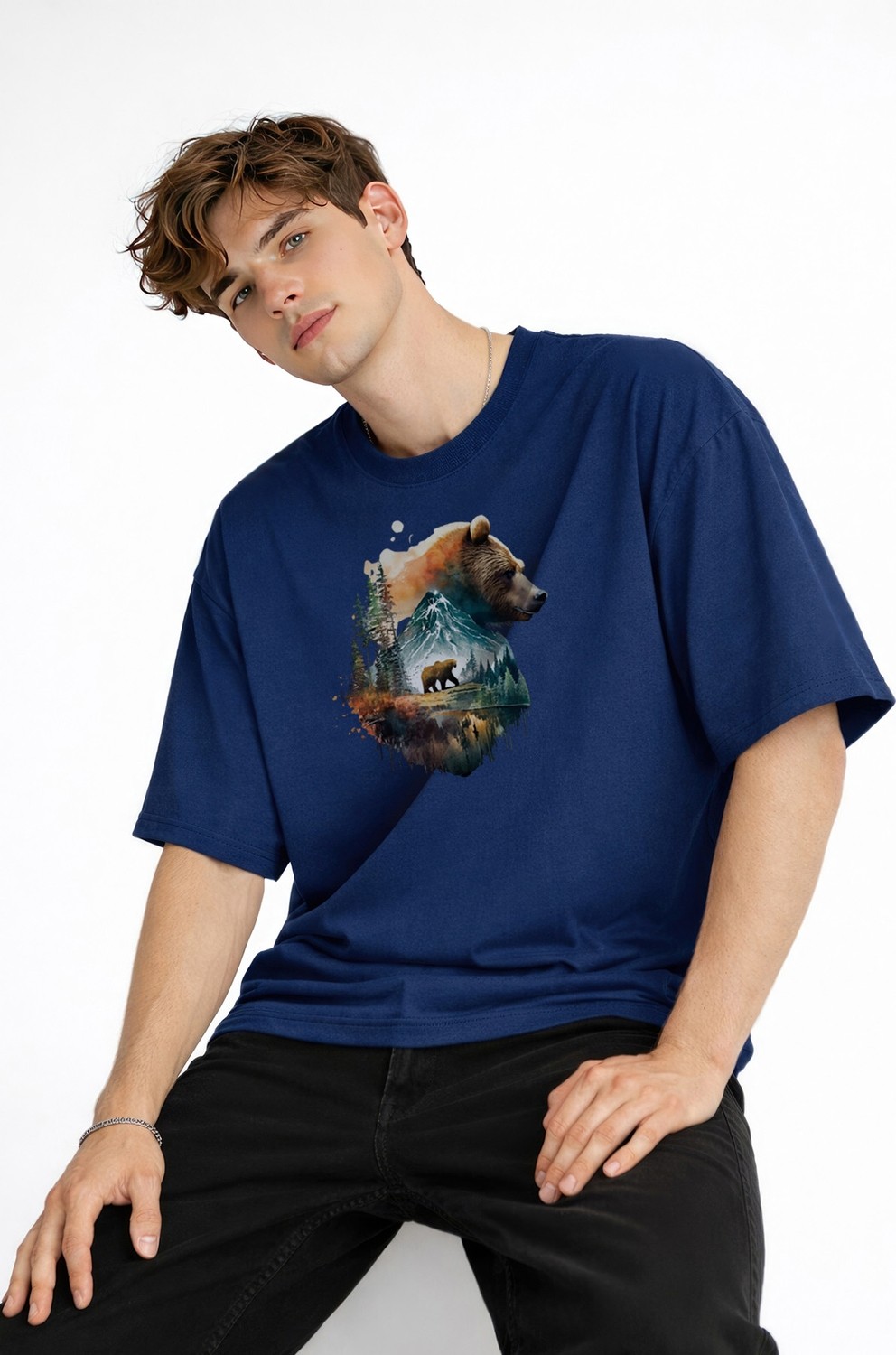 TeknoKapsül Bear2 - Oversize Tişört Koyu Mavi görsel 2