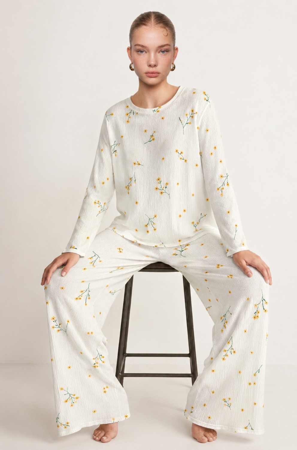 Fit Women Kadın Desenli Uzun Kollu Ekru Pijama Takımı 4722 görsel 3