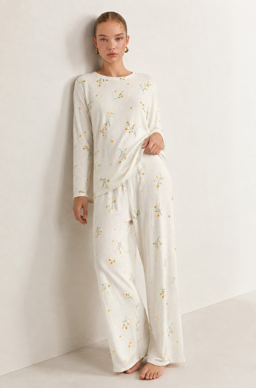 Fit Women Kadın Desenli Uzun Kollu Ekru Pijama Takımı 4722 görsel 4